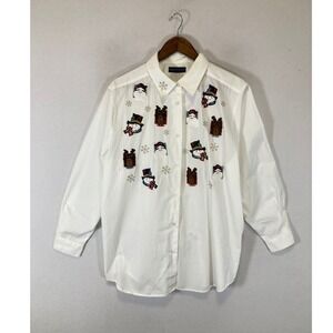 Festive Christmas Karen Scott‎ II Women 1X White Embroidered Santa Snowman Shirt